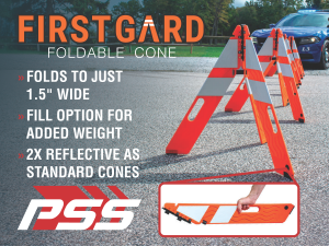 Ad for FirstGard foldable cones on road; orange/white cones shown with text on 1.5" fold, fillable base, double reflectivity, and PSS logo
