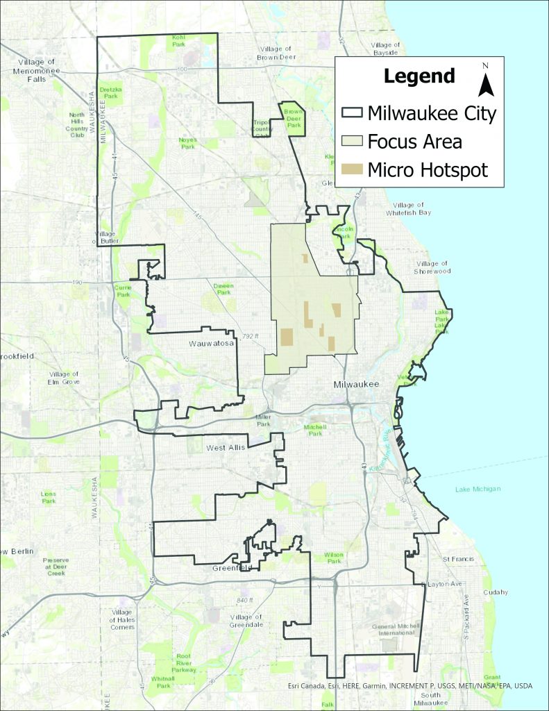 Map of Milwaukee showing city boundaries, highlighted focus area in beige, and smaller brown micro hotspots, with legend and Lake Michigan on the right