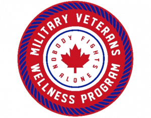 Circular red logo with blue rope border, red maple leaf center, and text: 'MILITARY VETERANS WELLNESS PROGRAM' and 'NOBODY FIGHTS ALONE'