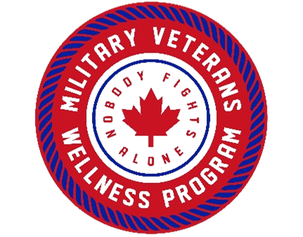 Circular red logo with blue rope border, red maple leaf center, and text: 'MILITARY VETERANS WELLNESS PROGRAM' and 'NOBODY FIGHTS ALONE'