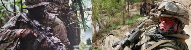 Two soldiers in camo gear and helmets, one aiming rifle in dense forest, one resting on rocky terrain; trees and more troops visible in background