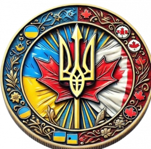 Round emblem with trident over red maple leaf, flanked by Ukrainian and Canadian flags, surrounded by smaller flags, floral motifs, and ornate designs