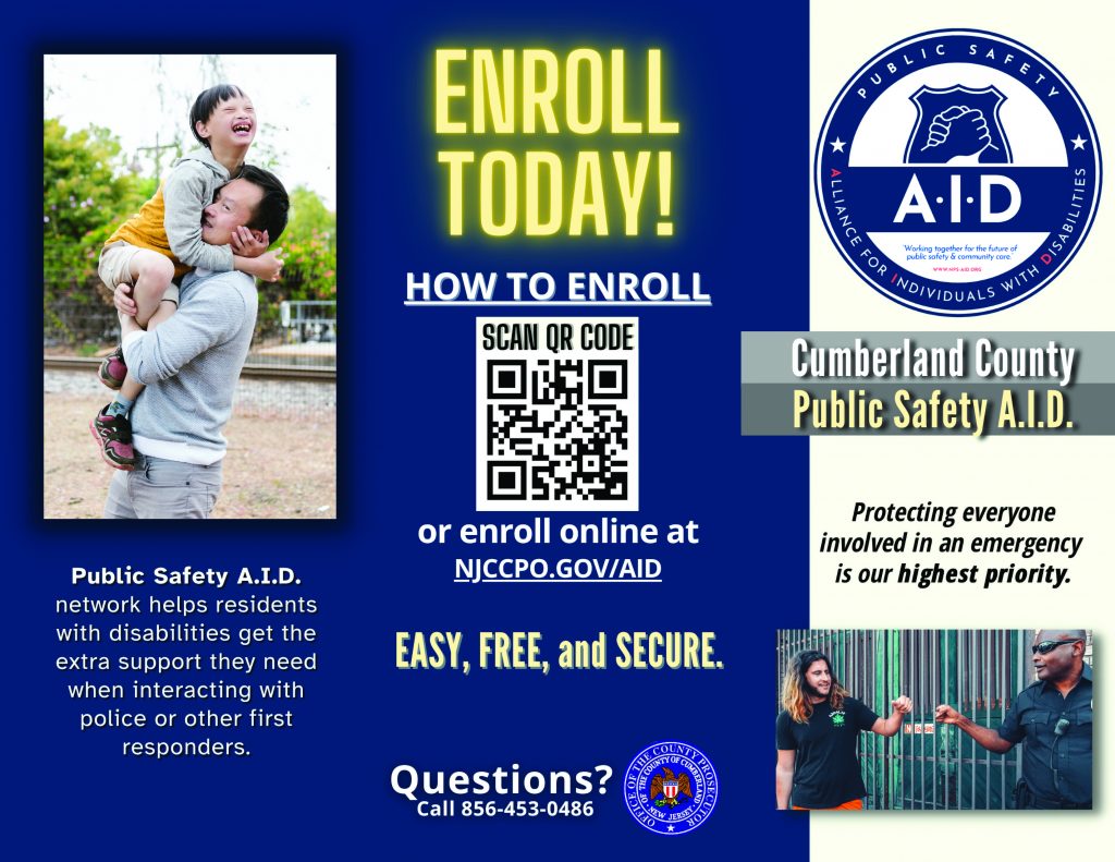 Pamphlet cover showing A.I.D. enrollment info, QR code, program logo, photos of caregivers with children, and text on disability support for emergency interactions