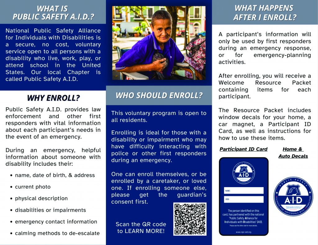 Pamphlet interior explaining the Public Safety A.I.D. program with text sections, a photo of a person holding a child, QR code, ID card sample, and program logo