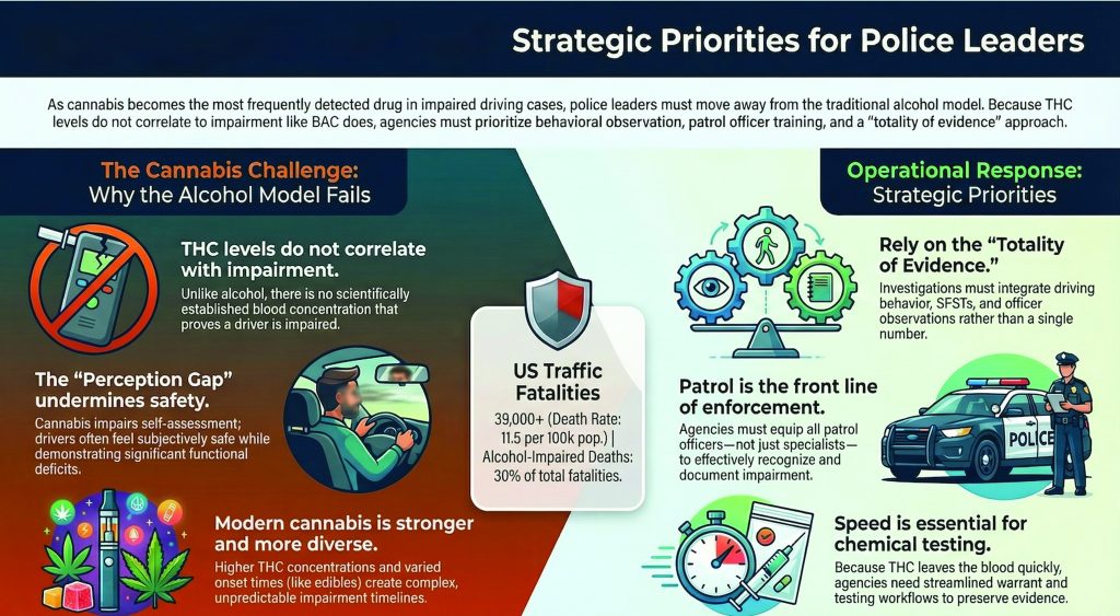 Infographic titled ‘Strategic Priorities for Police Leaders’ shows cannabis impairment challenges, THC limits, patrol training, evidence balance, and testing timelines with icons