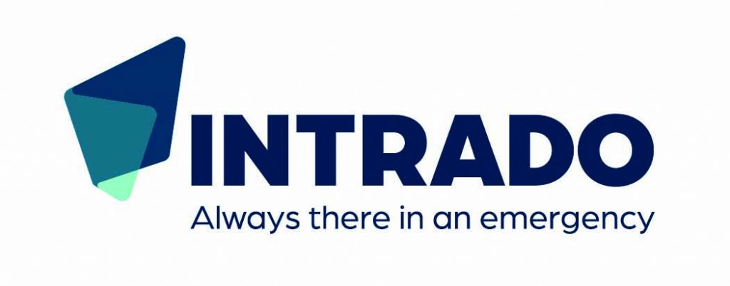 INTRADO logo with blue and green geometric icon beside bold ‘INTRADO’ text and tagline ‘Always there in an emergency’ on a white background