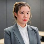 Individual in gray blazer and white shirt stands indoors; background features gray walls and light-colored furniture