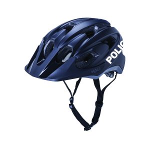 Black police bicycle helmet with multiple ventilation openings, adjustable chin strap, and white POLICE lettering on the side, displayed against a plain background