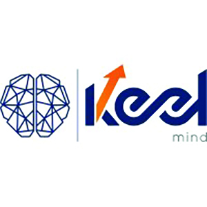 The image is a logo featuring a stylized brain on the left side, composed of geometric lines and shapes, resembling a network or circuitry. To the right of the brain, there is a vertical line separating it from the text "Keel" written in bold letters. The letter "K" has an orange arrow pointing upwards integrated into its design. Below "Keel," in smaller font, is the word "mind." The overall color scheme includes shades of blue and orange.