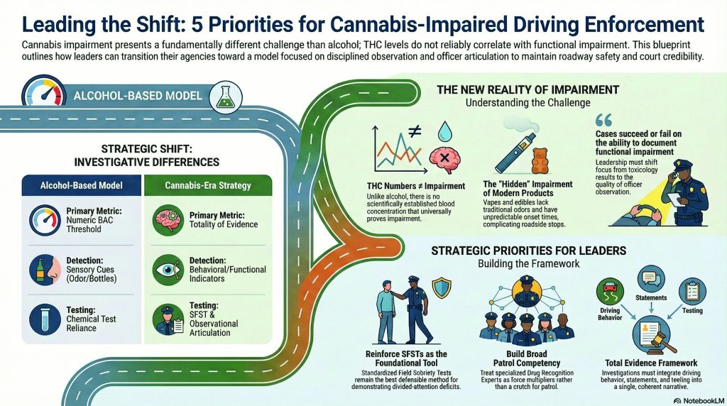 Infographic titled ‘Leading the Shift’ compares alcohol and cannabis impairment models, showing THC limits, testing differences, patrol training, and evidence-based strategies