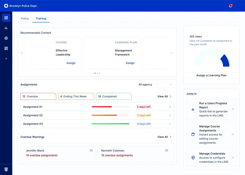 Dashboard interface for Brooklyn Police Dept. training management showing recommended courses, overdue assignments, progress charts, and quick-access tools