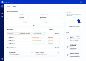 Dashboard interface for Brooklyn Police Dept. training management showing recommended courses, overdue assignments, progress charts, and quick-access tools