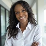 Professional portrait of an individual standing with arms crossed in a bright office corridor, wearing a white button‑down shirt, with glass walls, columns, and soft daylight visible