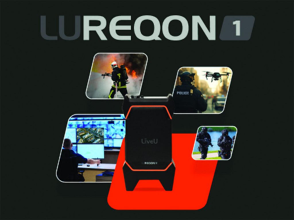 LiveU REQON 1 device shown with images of firefighter, drone-equipped officer, control room with screens, and two tactical officers in full gear