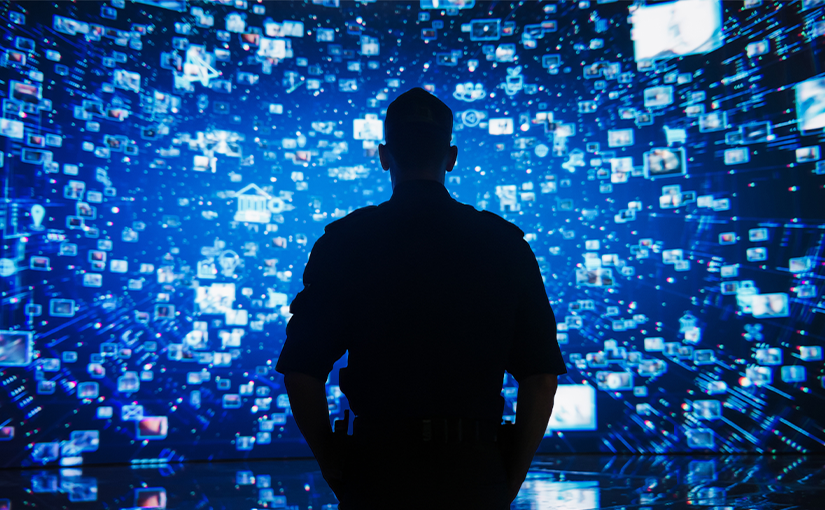 Silhouetted officer stands before a glowing digital data wall filled with floating images, icons, screens, and network connections, creating an immersive visualization of digital evidence, intelligence gathering, and information analysis