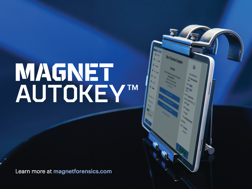 Magnet Axiom device holds a tablet running digital forensics software interface, with ‘MAGNET AUTOKEY’ text and website URL on a blue gradient background