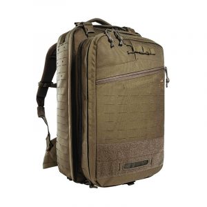 Tan tactical backpack with MOLLE webbing, zippered compartments, Velcro patch area, and adjustable straps, designed for law enforcement utility.