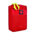 Bright red medical pouch with black cross patch on front, yellow paracord zipper pulls, and reinforced stitching, designed for first aid or emergency gear