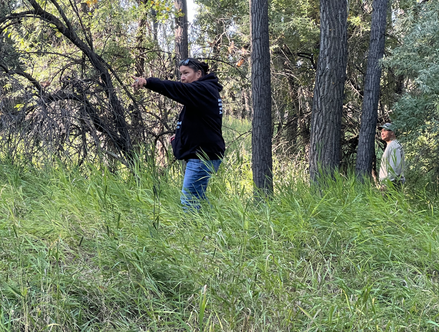 Two individuals in tall grass forest; one in black hoodie and jeans points ahead, the other stands behind among trees, suggesting field navigation.