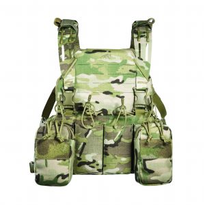 Multicam tactical plate carrier vest with MOLLE webbing, adjustable shoulder straps, quick‑release buckles, elastic retention cords, and multiple front pouches on white
