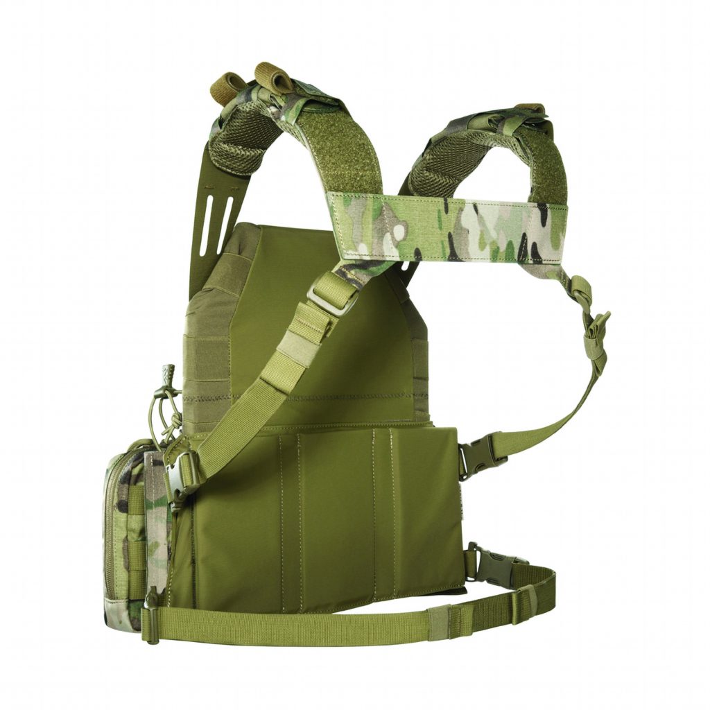 Rear view of multicam tactical plate carrier with padded shoulder straps, hook‑and‑loop panel, adjustable side straps, mesh lining, and modular attachment points