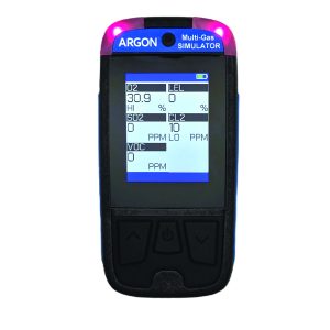 Black handheld ARGON Multi-Gas SIMULATOR displays gas levels: O2 30.9%, LEL 0%, SO2 0 PPM, CL2 10 PPM, VOC 0 PPM; screen and label clearly visible.