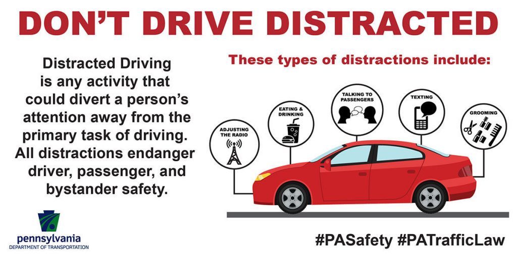 Don't drive distracted handout detailing causes of distracted driving