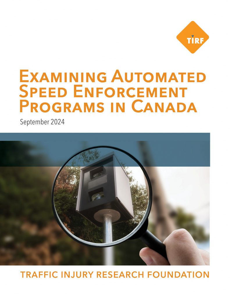 examining automated speed enforcement programs in Canada document from Traffic Injury Research foundation showing a magnifying glass showing a speed camera