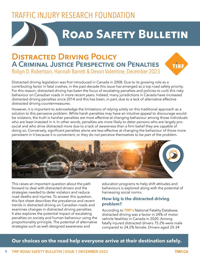 Traffic Injury Research foundation Road Safety bulletin explaining Distracted Driving Policy