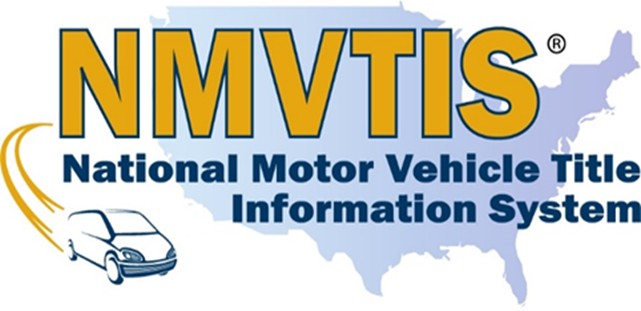NMVTIS logo with blue U.S. map outline, yellow 'NMVTIS' text above 'National Motor Vehicle Title Information System' and car icon in lower corner.
