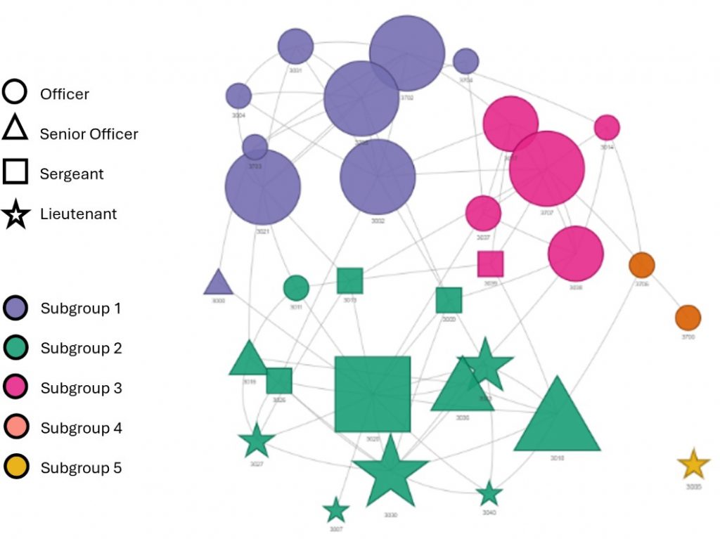 Network diagram showing colored shapes representing ranks and subgroups, with circles, squares, triangles, and stars linked by connecting lines.