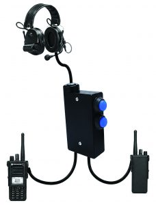 Over‑ear communications headset with boom mic connects by cable to a control box with two blue PTT buttons, linked to two handheld radios on a white background