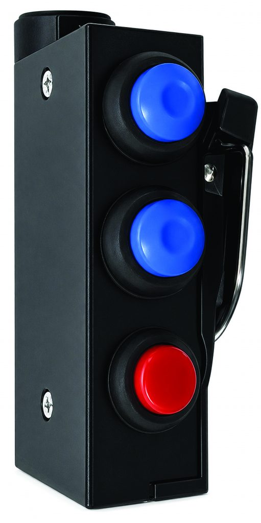 Black rectangular push‑to‑talk control box with two raised blue buttons and one red button, side clip, mounting screws, and cord interface on white background