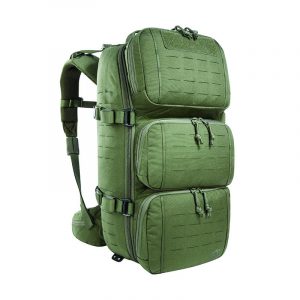 Olive green tactical backpack with MOLLE webbing, multiple compartments, padded shoulder straps, and side compression straps for field deployment