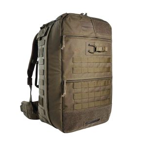 Large tactical backpack in olive drab with MOLLE webbing, multiple zippered compartments, side straps, padded shoulder harness, and rugged fabric on a white background