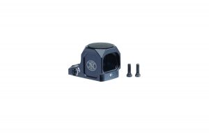 Black compact pistol sight with FN logo shows angled housing, adjustment dial, rectangular lens window, and two mounting screws placed alongside on a white background