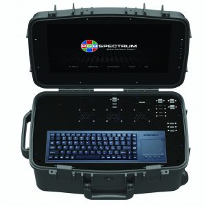 Portable command kit in rugged black case with built-in screen displaying RGB Spectrum logo, full keyboard, touchpad, and multiple control switches