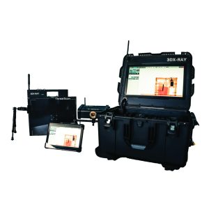 Portable X-ray inspection system with rugged black cases, large display showing scanned image, connected tablets, antennas, and flat panel detector units.