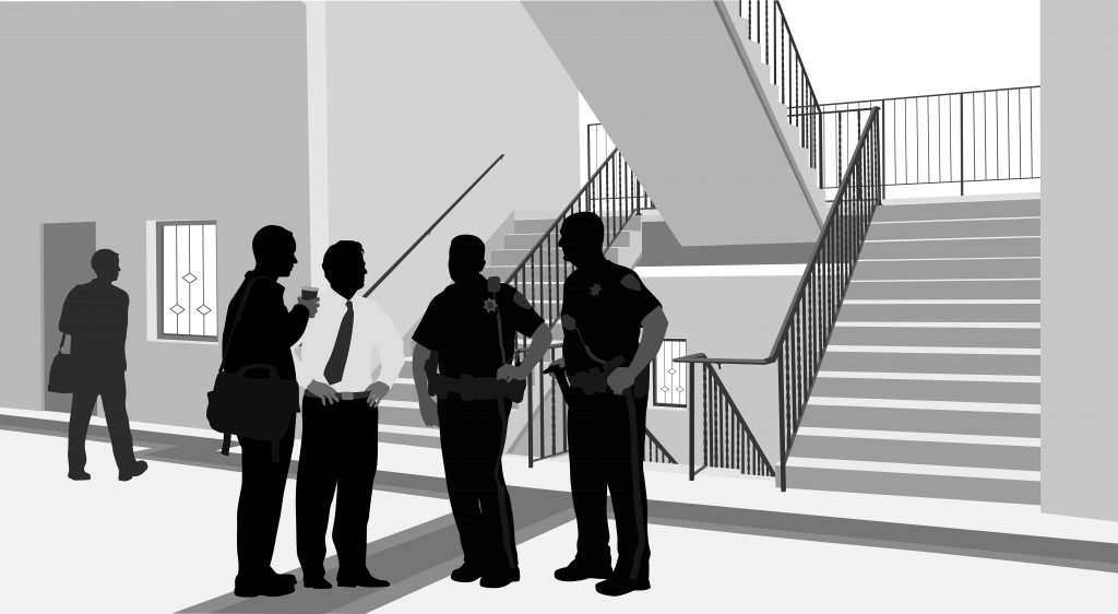 Silhouette illustration of police officers and professionals conversing in a modern building with staircases in the background