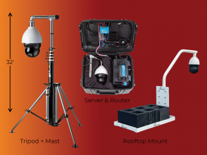 Three surveillance setups: 32-ft tripod with mast and camera, open case with server/router, and rooftop-mounted camera—mobile and fixed monitoring gear
