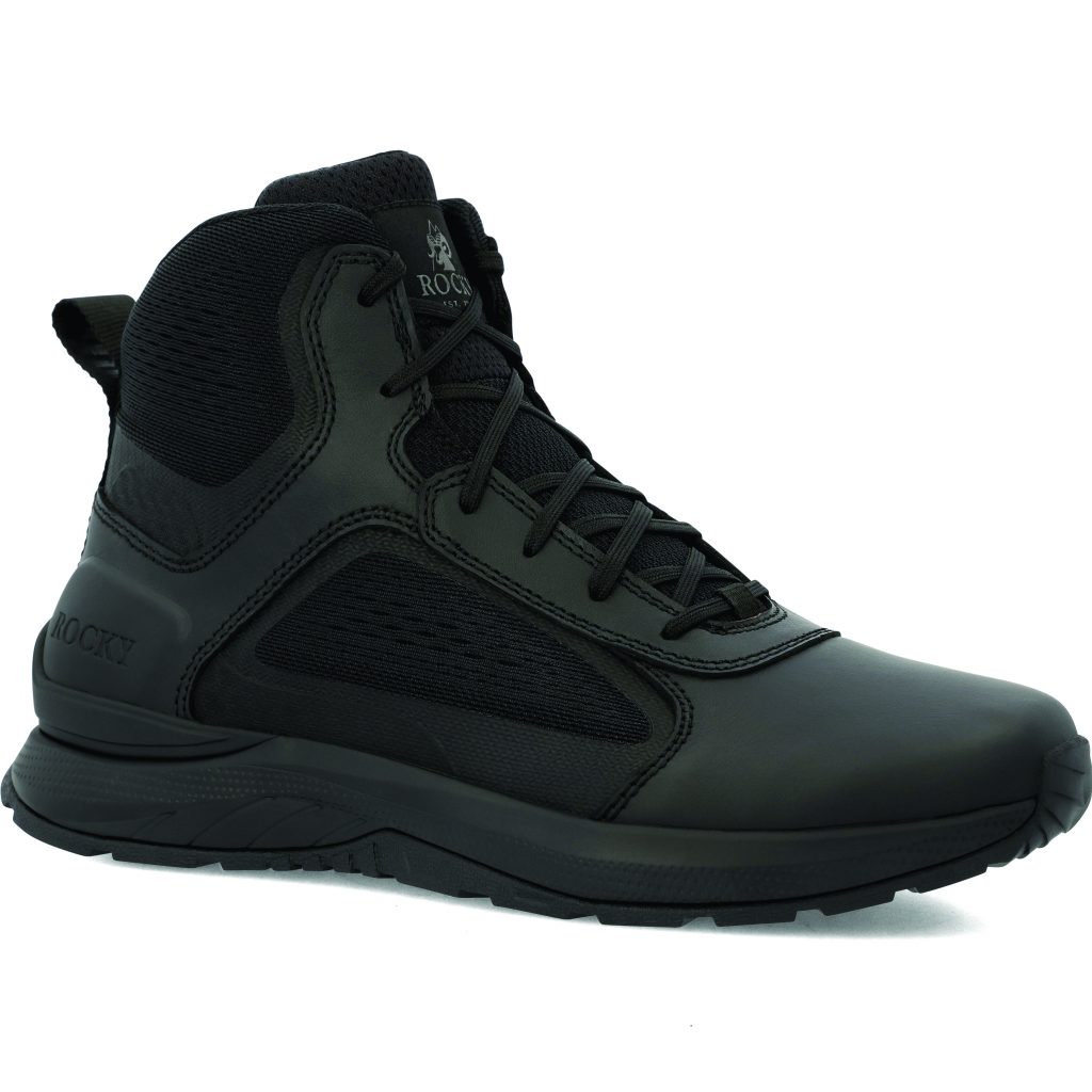 Black mid‑height tactical duty boot with lace‑up front, reinforced toe, padded ankle collar, textured side panels, pull loop, and rugged slip‑resistant outsole on white background.