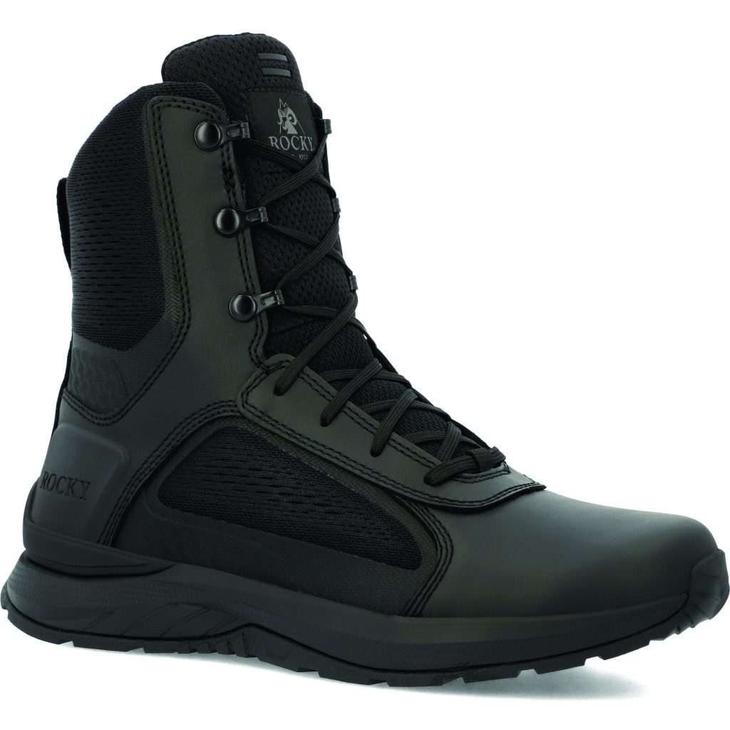 Black high‑ankle tactical duty boot with lace‑up and speed‑lace hardware, reinforced toe, padded collar, breathable fabric panels, heel branding, and rugged slip‑resistant outsole on white