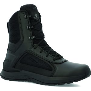 Black high‑ankle tactical duty boot with lace‑up and speed‑lace hardware, reinforced toe, padded collar, breathable fabric panels, heel branding, and rugged slip‑resistant outsole on white