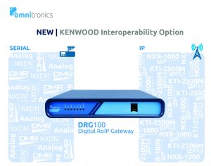 Blue Omnitronics DRG100 Digital RoIP Gateway centered between icons for Serial and IP, with text showing Kenwood interoperability and radio protocol names