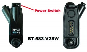 Two views of a black PRYME BLU V2 radio adapter with labeled power switch; left shows front with knob, right shows connector pins and circular port.