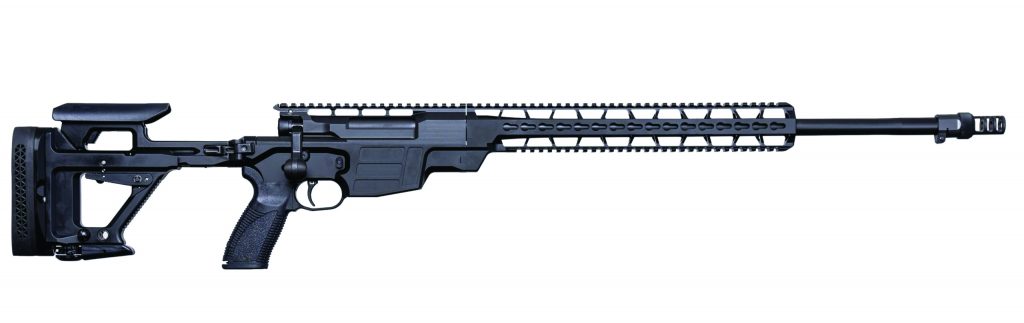 A close-up image of a rifle, showcasing its detailed design and components. The rifle is positioned on a flat surface, highlighting its sleek and tactical appearance