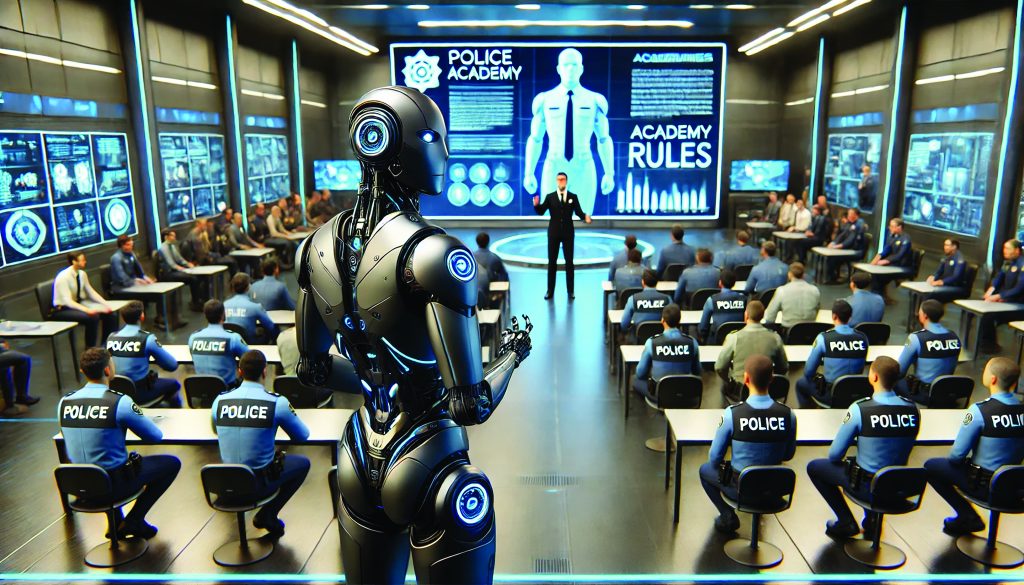 A robot training demonstrating their capabilities in a training environment. The robots are equipped with various sensors and tools, showcasing advanced technology used for training purposes