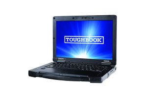 Rugged Panasonic Toughbook laptop shown open on a white background, featuring reinforced chassis, thick hinges, webcam module, full keyboard, touchpad, front drive bay, side ports, and display screen showing the TOUGHBOOK logo