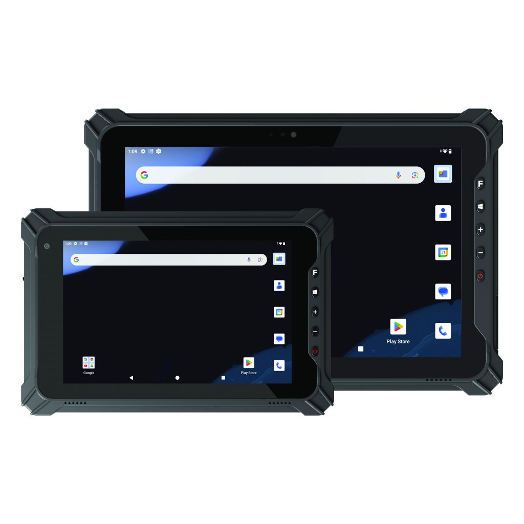 Two rugged tablets with thick protective cases, one smaller, both showing home screens with app icons like Chrome, Gmail, and Play Store; field-ready tech