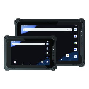 Two rugged tablets with thick protective cases, one smaller, both showing home screens with app icons like Chrome, Gmail, and Play Store; field-ready tech